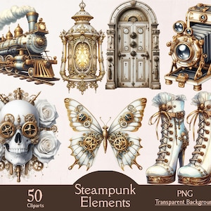 Peut inclure: Ensemble de cliparts sur le thème steampunk, comprenant un train, une lanterne, une porte, un appareil photo, un crâne, un papillon et des bottines à talons hauts. Les motifs présentent des accents dorés et bronze sur fond blanc. Le texte "Steampunk Elements" est visible.