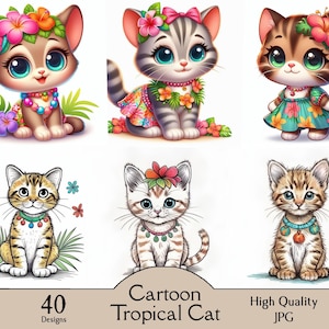 Kot tropikalny z kreskówek, 40 obrazów JPG, kot z kreskówek, pokój dziecięcy, baby shower, słodki kociak, cyfrowy, do pobrania, clipart, kreskówka, pokój dziecięcy, ściana