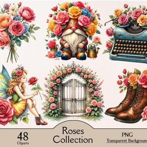 Roses clipart collection, rose flower illustration, 48 PNG cliparts, flower bundle, watercolor roses, red roses, pink roses, yellow roses