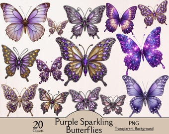 Purple sparkling butterfly, glitter butterfly, 20 PNG cliparts, card making, glittery butterfly clipart, purple butterfly with glitter gems