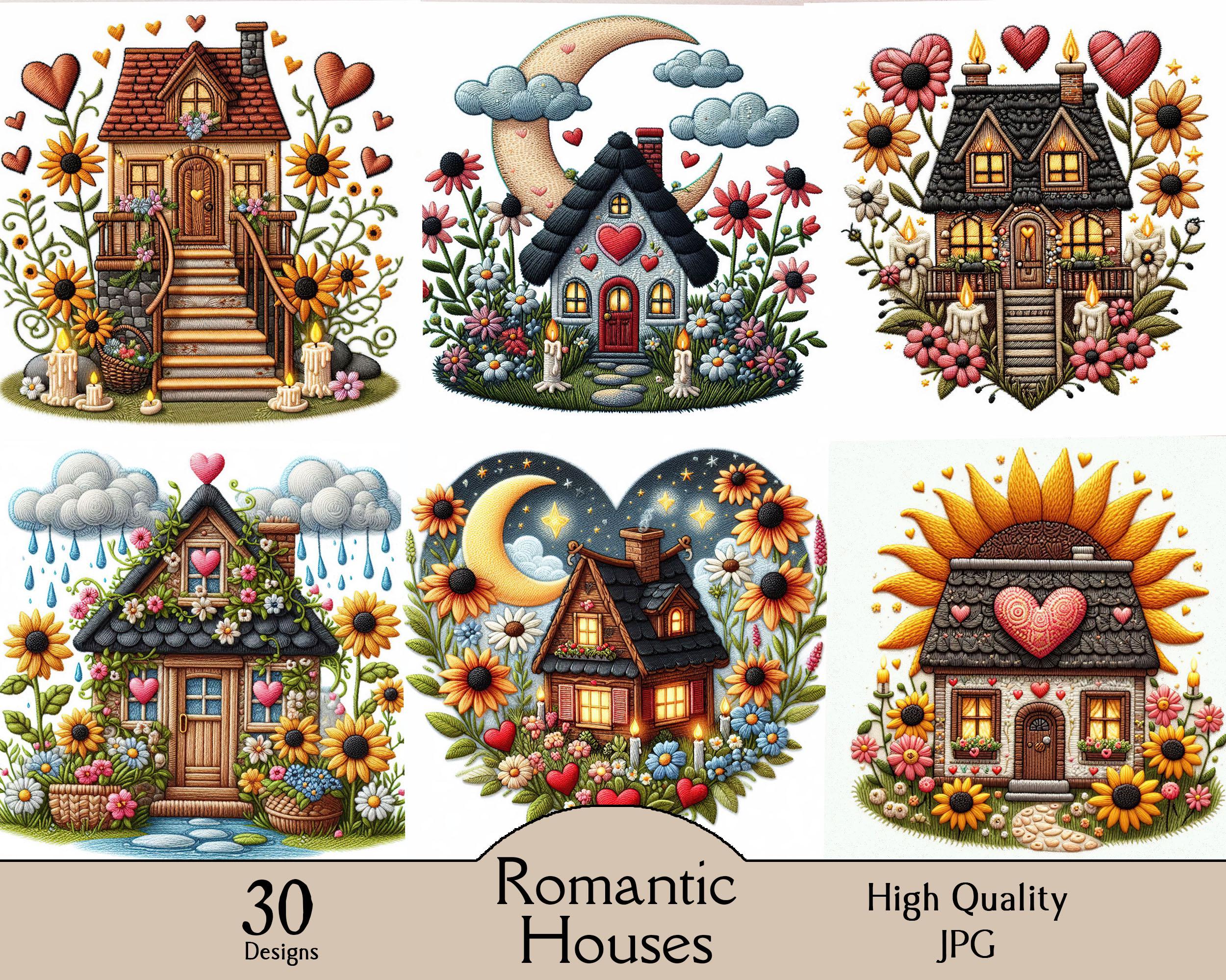 Romantic houses, 30 JPG images, black eyed susan flower houses,  printable, junk journal, paper craft, embroidery, heart houses, love houses