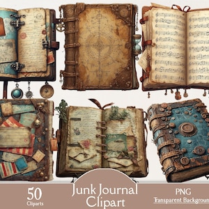 Może przedstawiać: Kolekcja obrazów clipart w stylu vintage junk journal. Dzienniki mają postarzaną papier, skórzane okładki i elementy dekoracyjne, takie jak guziki, etykiety i zawieszki. Obraz zawiera tekst "50 Cliparts" i "Junk Journal Clipart".