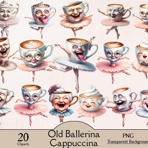Op de afbeelding: Een verzameling van 20 grillige cliparts met koffiekopjes met expressieve gezichten, gekleed als ballerina's in roze tutu's. De tekst "Old Ballerina Cappuccina" wordt hieronder weergegeven, samen met "PNG Transparent Background".