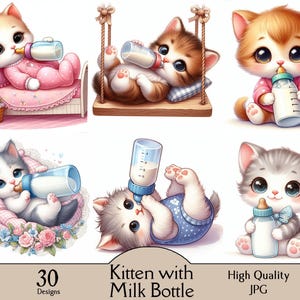 Puede incluir: Seis ilustraciones de gatitos adorables con biberones. Los gatitos se muestran en varias poses, algunos acostados, otros sentados. La imagen incluye el texto "Kitten with Milk Bottle" y "30 Designs".