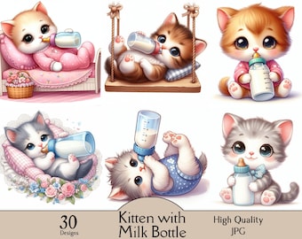 Kattunge med nappflaska, 30 JPG-bilder, kattunge med mjölkflaska, barnrumsinredning, sött djur, digitala tryck, barnrumskonst, babyrum