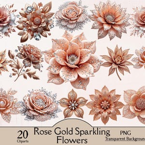 Clipart fleur scintillante en or rose, fleur scintillante, 20 images clipart PNG, fabrication de cartes d'invitation de mariage, clipart fleurs or rose, fleurs dorées