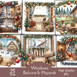 May include: A set of 25 digital illustrations featuring windows, balconies, and playards decorated for Christmas. The illustrations are in a cartoon style and feature a variety of colors, including red, green, and white.