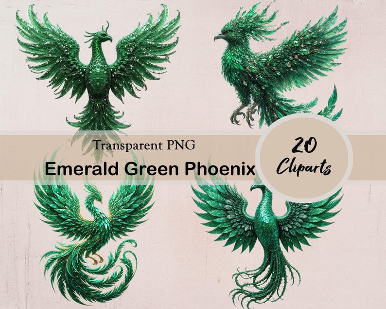 Emerald Green Sparkling Phoenix Clipart, Glitter Legendary Phoenix, 20 ...