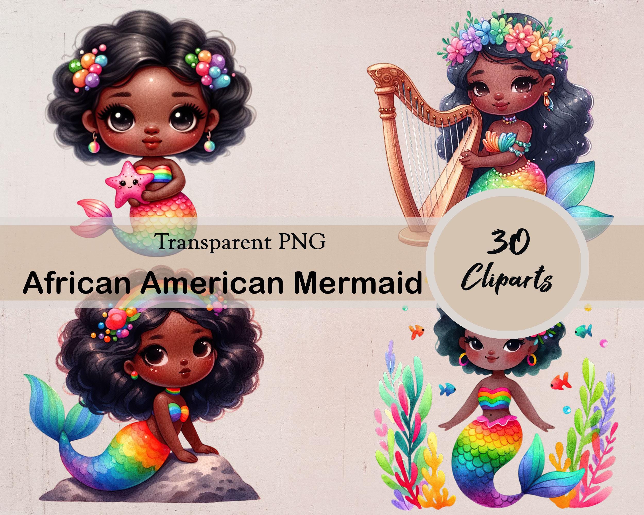 Watercolor Cute Black Little Mermaid Clipart Bundle, 30 PNG Cliparts ...
