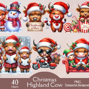 Christmas highland cow, 40 PNG cliparts, cute animals, christmas animals, highland cow clipart, christmas clipart, digital, junk journal