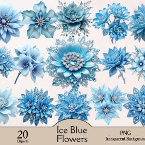 Puede incluir: Una colección de 20 imágenes prediseñadas de flores azul hielo. Las flores varían en estilo, algunas con intrincados detalles de cristal y otras que se asemejan a flores clásicas. La imagen incluye el texto "Ice Blue Flowers" y "PNG Transparent Background".