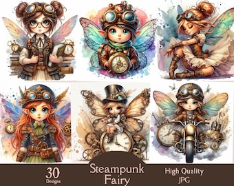Steampunk fairy, watercolor, 30 JPG images, digital, clipart, steampunk, paper craft, fairy, fantasy, printable, junk journal, scrapbooking