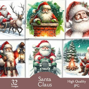 Santa Claus clipart, watercolor printable Christmas bundle, 32 JPG images, Christmas card making, vintage style Santa Claus, junk journaling