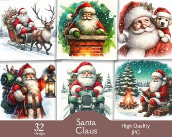 Santa Claus clipart, watercolor printable Christmas bundle, 32 JPG images, Christmas card making, vintage style Santa Claus, junk journaling