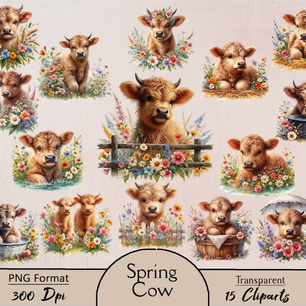 Watercolor Spring highland cow, 15 PNG cliparts, spring, floral, fowers, digital, download, junk journal, scrapbooking, paper craft