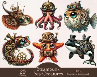 Steampunk sea animals, 20 PNG cliparts, underwater clipart, ocean steampunk, sea life, sea animals, under the sea, junk journal, printable