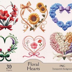 May include: 30 floral heart clip art images in PNG format with transparent backgrounds. The hearts are made of various flowers, including red gladiolus, sunflowers, blue hydrangeas, and white and purple flowers.