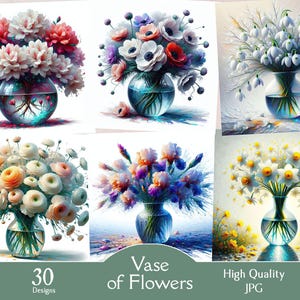 May include: Six different paintings of vases of flowers. Each vase is filled with a different type of flower, including peonies, anemones, snowdrops, and daffodils. The paintings are all done in a realistic style and feature vibrant colours.