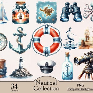 Colección náutica, 34 imágenes PNG, acuarela costera, imágenes marinas, viajes en barco, gráficos de la marina, diario basura, manualidades de papel