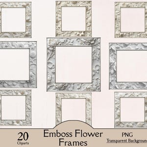 Könnte beinhalten: Neun quadratische Bilderrahmen mit geprägten Blumenmustern in Weiß- und Grautönen. Die Rahmen sind auf einem hellrosa Hintergrund angeordnet. Am unteren Rand des Bildes steht der Text "20 Emboss Flower Frames PNG Transparent Background".