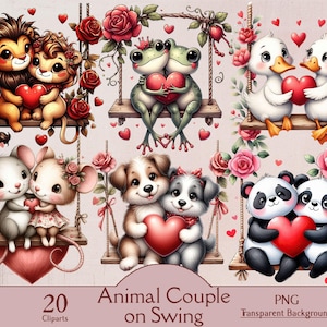 May include: A digital illustration featuring various animal couples, including lions, frogs, ducks, mice, dogs, and pandas, each holding a red heart. They are depicted on swings decorated with roses and hearts, with the text "Animal Couple on Swing".