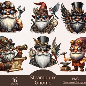 Könnte beinhalten: Ein Set mit 16 digitalen Cliparts, die Steampunk-Gnom darstellen. Die Gnome tragen Brillen, Hüte und andere Steampunk-Accessoires. Die Bilder haben einen transparenten Hintergrund.