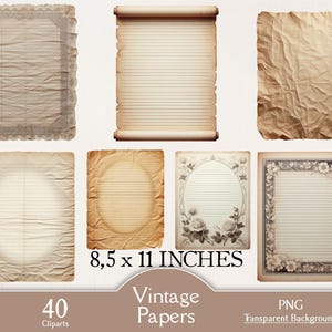 Vintage papers, 40 sheets PNG, printable, old paper, ephemera, empty writing papers, card making, junk journal, scrapbooking sheets, digital