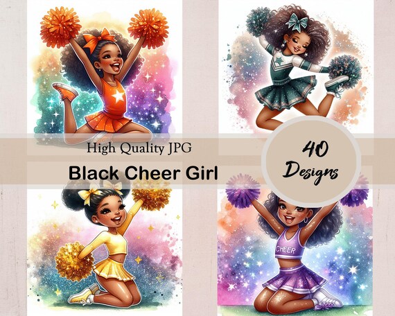 Watercolor black cheerleader girl, african american cheer squad girls, 40 JPG images, cheer card making, cheerleader clipart, junk journal