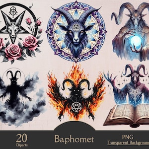 Può includere: Una collezione di 20 clipart di Baphomet in formato PNG con sfondo trasparente. Le immagini presentano varie raffigurazioni di Baphomet, tra cui illustrazioni con rose, fiamme e un globo luminoso. La parola "Baphomet" è visualizzata sotto.