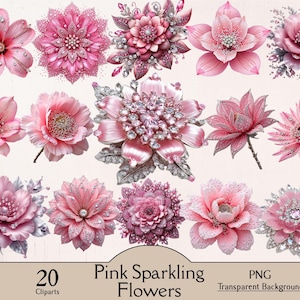 Könnte beinhalten: Eine Sammlung von 20 pinkfarbenen, funkelnden Blumen-Cliparts. Die Blumen variieren im Design, einige mit aufwendigen Details und funkelnden Akzenten. Der Text "Pink Sparkling Flowers" und "20 Cliparts" ist sichtbar.