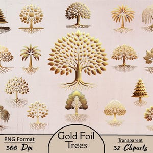 Alberi in lamina d'oro, 32 clipart PNG, albero d'oro, palma, pino, melo, albero, albero d'argento, clipart, digitale, download, stampabile