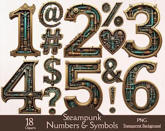 Steampunk numbers and symbols clipart bundle, fantasy alphabet, 18 PNG cliparts, steampunk letters, typography steampunk wrighting letters