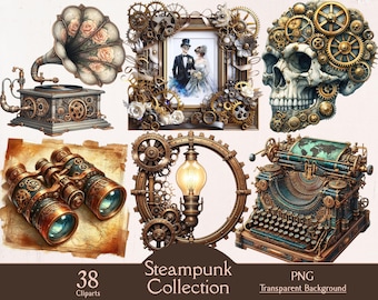 Steampunk collection clipart, unique steampunk items, 38 PNG cliparts, fantasy art, steampunk elements, steampunk art, junk journaling PNG