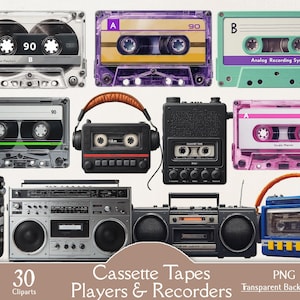 以下が含まれることがあります： さまざまな色とデザインのカセットテープとプレーヤーのコレクション。透明、紫、緑のカセットテープ、ヘッドフォン付きのポータブルカセットプレーヤー、いくつかのブームボックスが含まれています。画像には「Cassette Tapes Players & Recorders」と書かれています。
