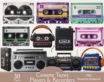 Vintage cassette tapes clipart, retro tape players and recorders bundle, nostalgic 80s 90s audio aesthetic clipart, old school music 30 PNG