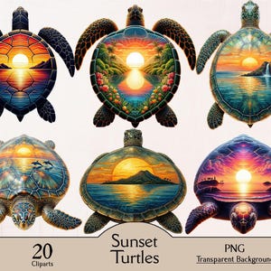 May include: A collection of six digital illustrations of sea turtles, each featuring a unique sunset landscape within its shell. The graphics include scenes of mountains, oceans, waterfalls, and palm trees. Text at the bottom reads Sunset Turtles 20 Cliparts PNG Transparent Background.