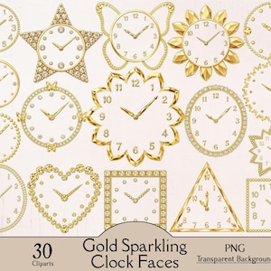 May include: A collection of thirty gold clock faces in various shapes including stars, hearts, triangles, squares, and circles, featuring sparkling gold borders, white clock faces with black numerals, and gold clock hands on a light background.