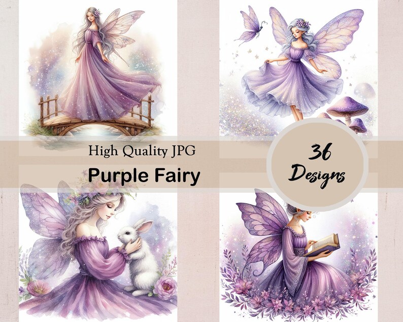 Watercolor Purple Fairy Clipart, Glittery Fantasy Fairy, 36 JPG Images ...