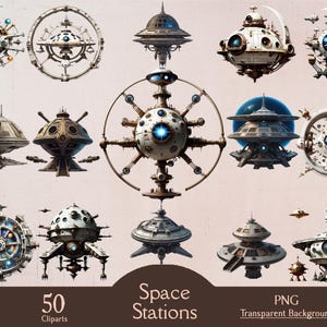 Stations spatiales, 50 cliparts PNG, espace, fantasy, stations, cliparts, numérique, robots, avenir, bande dessinée, journal indésirable, imprimable, film fantastique