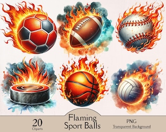 Flamme Sportbälle, brennende Sportbälle, 20 PNG Cliparts, feurige Bälle, Sportbälle Clipart, Fußball, Basketball Clipart