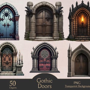 Gothic doors, 50 PNG cliparts, fantasy wooden doors, dungeon entrance, RPG, games, gothic gates, fantasy doors, dungeon gates, digital