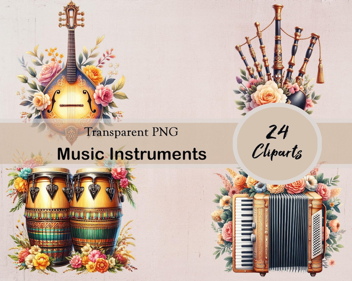 Watercolor Floral Music Instruments, 24 PNG Cliparts, Musical ...