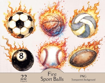 Feuer Sport Bälle Clipart, flammende Bälle, 22 PNG Cliparts, Wasserfarben Feuerbälle, Sport Clipart, Feuer Fußball, flammender Basketball