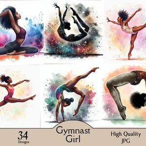 May include: A collection of watercolor illustrations featuring gymnasts in various poses. The images showcase gymnasts in dynamic positions, set against colorful, abstract backgrounds. The text "Gymnast Girl" and "34 Designs" is also visible.