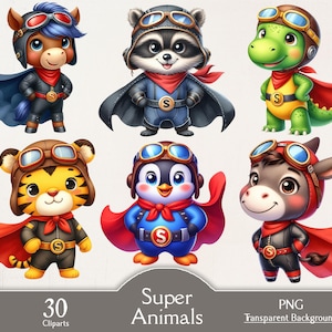 Superhero animals, super animals, 30 PNG cliaprts, baby animals, watercolor cute animals, cute super hero, junk journaling, commercial use