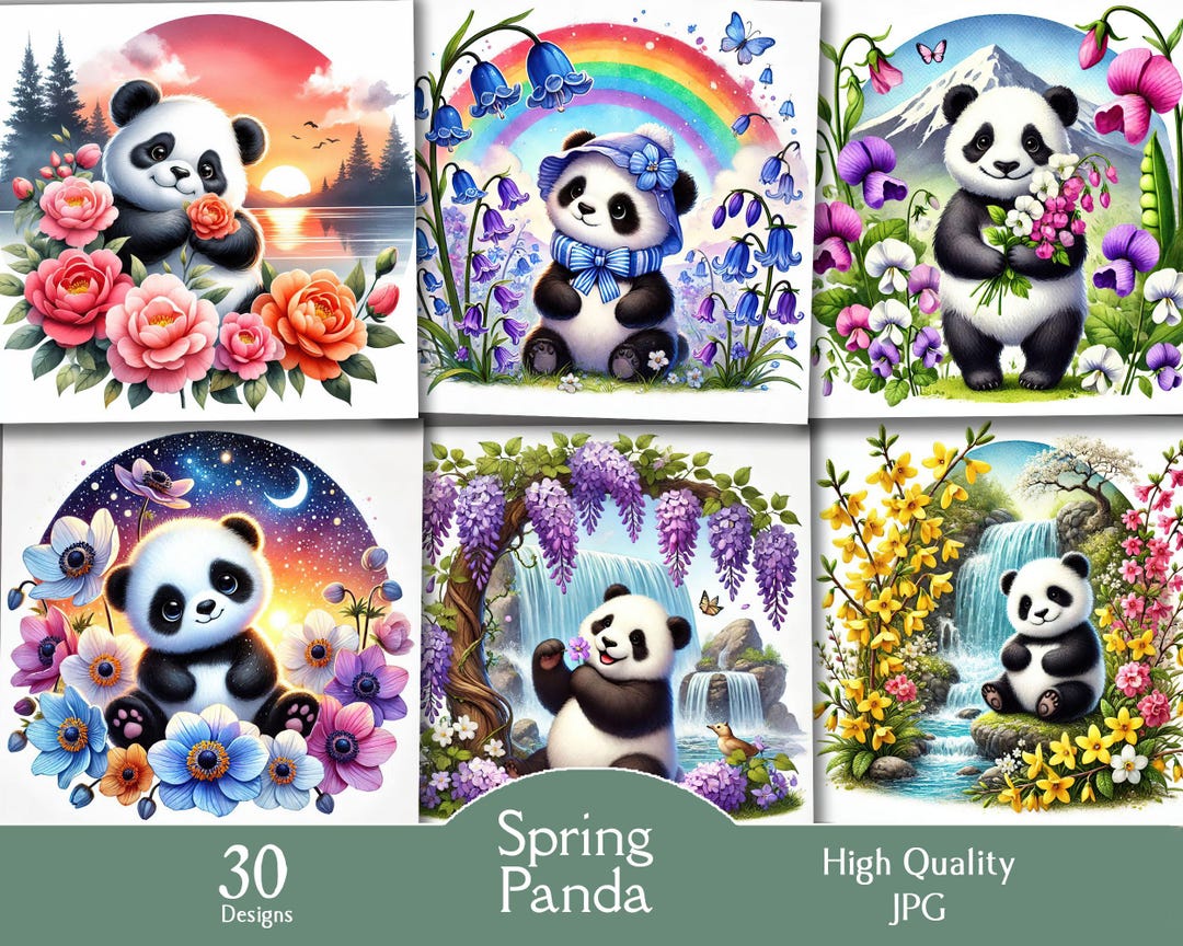 Springtime Panda Spring Panda, 30 Jpg Images, Floral Panda, Flowers, Blossoms, Clipart ...