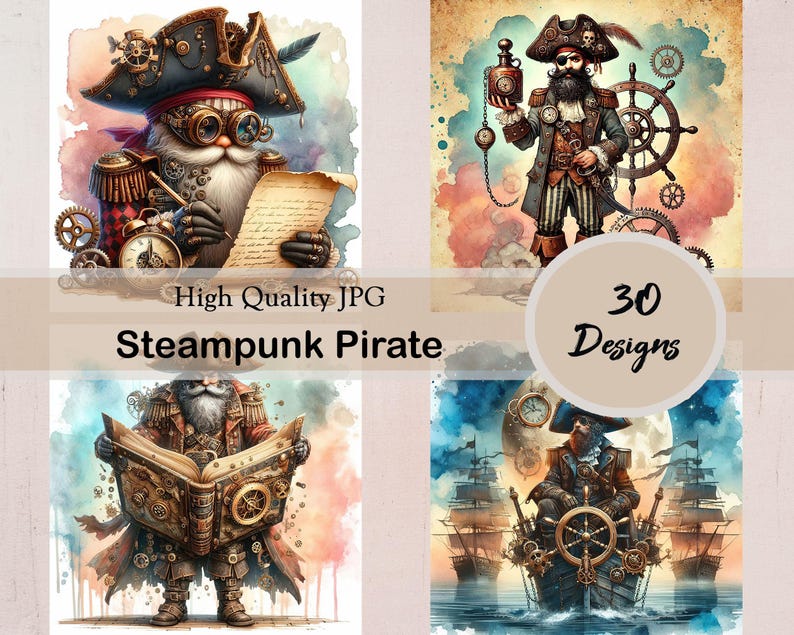 Steampunk Pirate, Watercolor, 30 JPG Images, Digital, Pirate Clipart ...