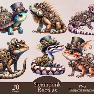May include: A set of 20 steampunk-themed reptile clip art images. The images feature a variety of reptiles, including a turtle, a lizard, and a snake, all adorned with intricate gears, cogs, and other steampunk elements. The images are perfect for adding a touch of whimsy and steampunk style to your projects.