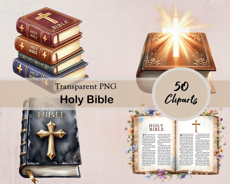 Watercolor Holy Bible Clipart, Old and New Testament, 50 PNG Cliparts ...