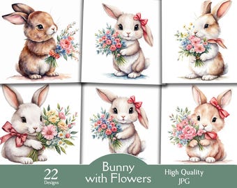 Bunny with flowers, 22 jpg images, watercolor, spring, easter, floral, flowers, blossoms, bunny holding flowers, digital, download, rabbit